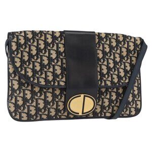 Authentic Christian Dior Trotter Canvas Shoulder Bag Navy Gold